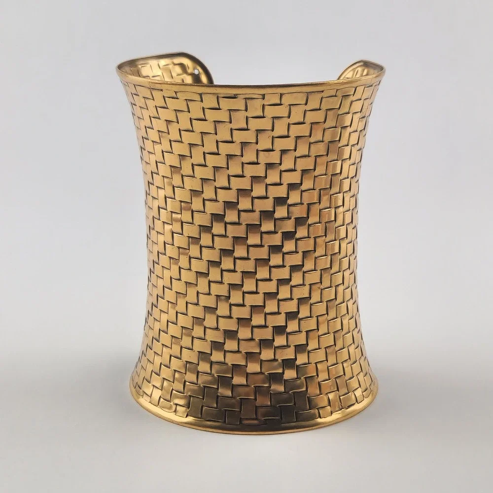 Gold Tone Extra Wide Textured Statement Cuff Bracelet Woven Boho Chic